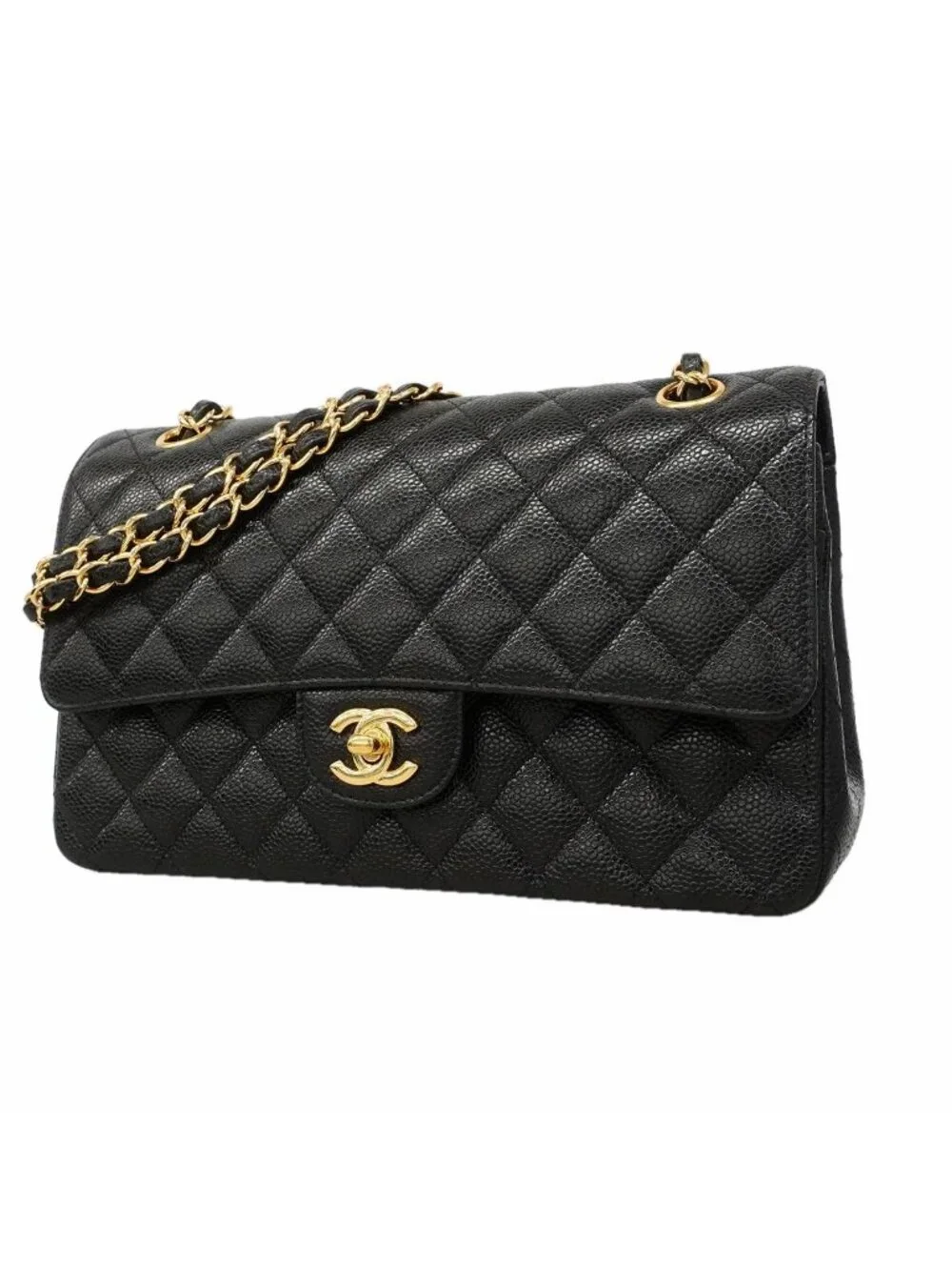 Chanel Shoulder Bag Quilted Caviar Leather Black Gold